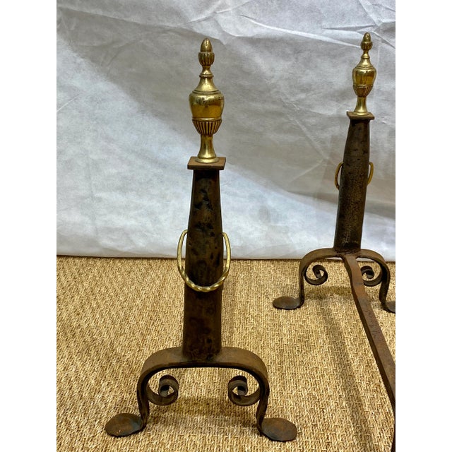 Antique-Style Hand-Forged Iron and Brass Andirons With Urn Finials – Pair For Sale In West Palm - Image 6 of 8