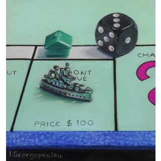 Game On by Irene Georgopoulou | Pastel on paper depicting Monopoly game pieces and a dice. For Sale