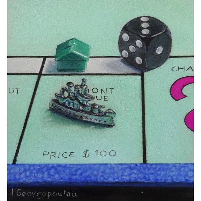 Game On by Irene Georgopoulou | Pastel on paper depicting Monopoly game pieces and a dice. For Sale