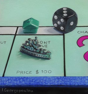 Game On by Irene Georgopoulou | Pastel on paper depicting Monopoly game pieces and a dice.