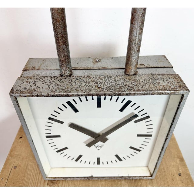 Industrial Square Double Sided Factory Ceiling Clock from Pragotron, 1970s For Sale - Image 16 of 18