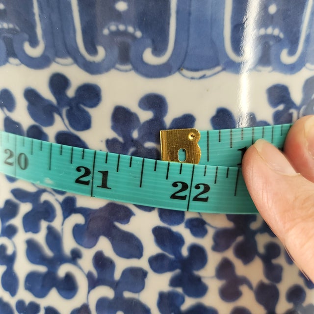 Vintage Large Hand-Painted Chinoiserie Blue & White Lotus Temple Porcelain Jar With Lid For Sale - Image 16 of 18