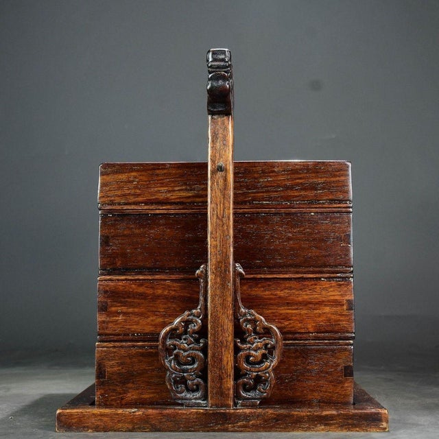 Wood Vintage Chinese Huali Rosewood Inlaid "Magpie & Plum" Tiered Picnic Box With Dragon Handles For Sale - Image 7 of 9
