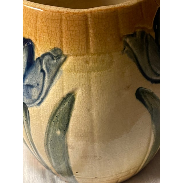 Antique 1910s Attributed to Roseville Early Ware Art Pottery Ceramic Pitcher W/ Blue Tulips For Sale - Image 6 of 11