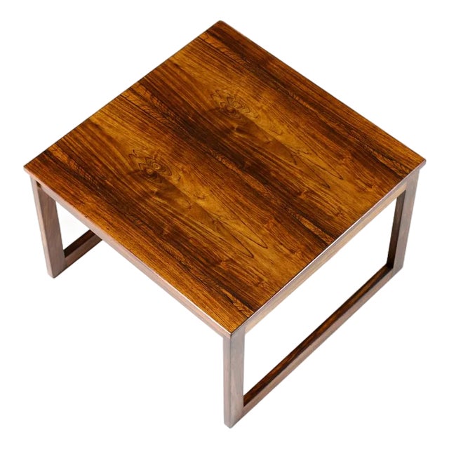 1960s Danish Modern Mid Century Square Rosewood Coffee Table — Figural Grain — Sled Base For Sale