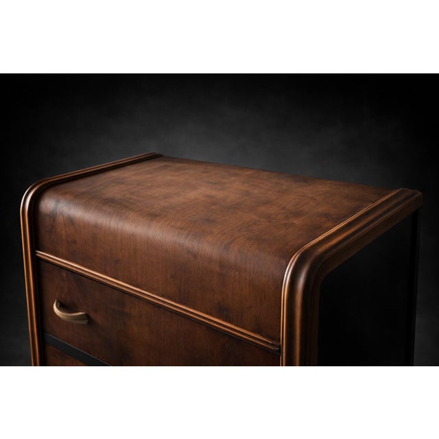 Contemporary Early 20th Century Art Deco Waterfall Designer Accent Chest in Satin Walnut With Two-Tone Black Panels and Original Deco Brass Pulls For Sale - Image 3 of 11