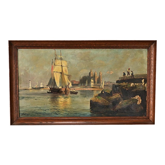 French Vintage Oil on Canvas Seascape Painting For Sale
