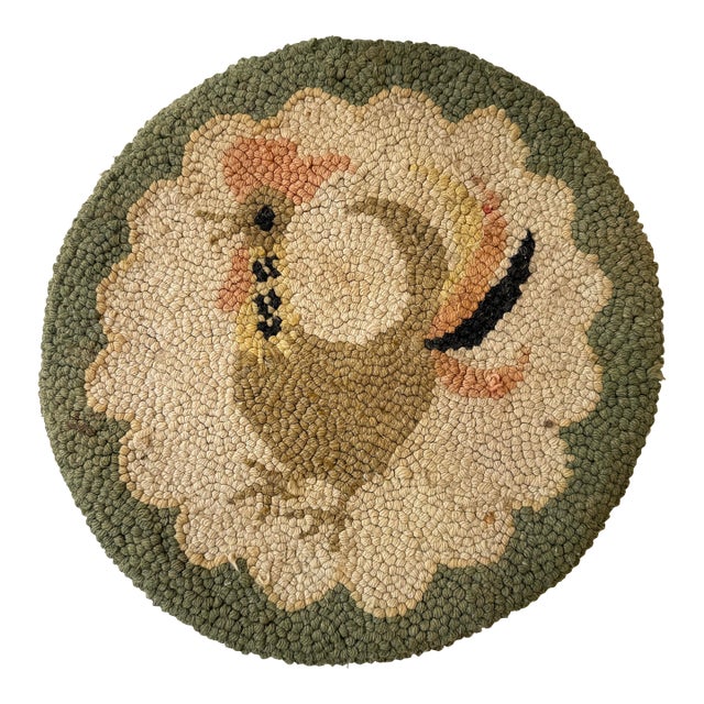 Handmade Vintage Rooster Hook Rug For Sale
