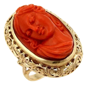 Deep Carved Coral Cameo Woman 18k yellow Gold Ring - Size 7