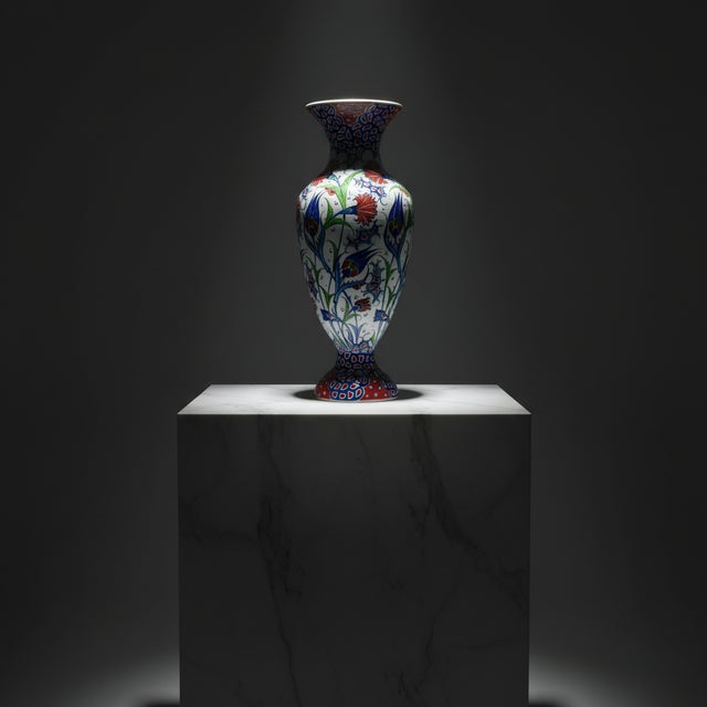 Blue Handmade Ceramic Palace Vase (50cm) Red Carnations and Geometric Mosaic Neck Pedestal Urn For Sale - Image 8 of 8
