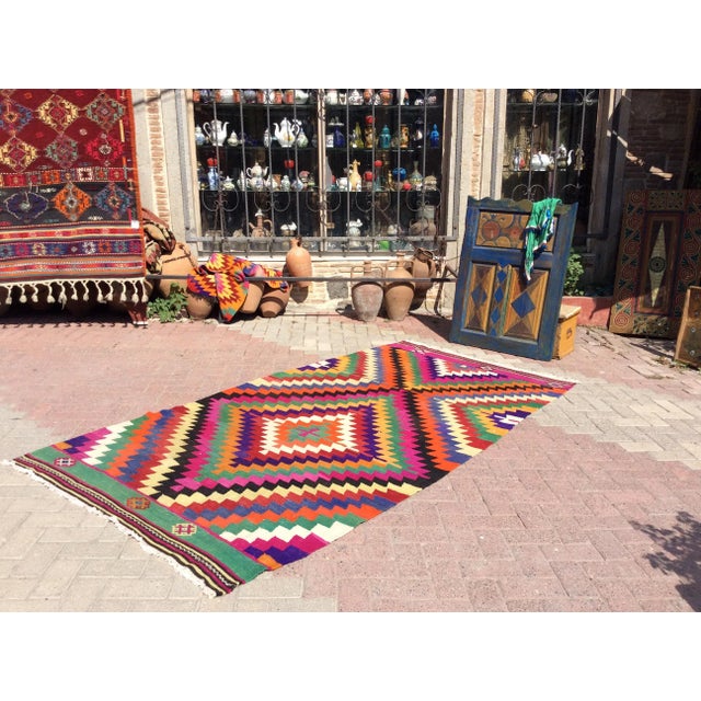 This beautiful, vintage, handwoven Kilim is approximately 60 years old. It is handmade, of very fine quality hand spun...