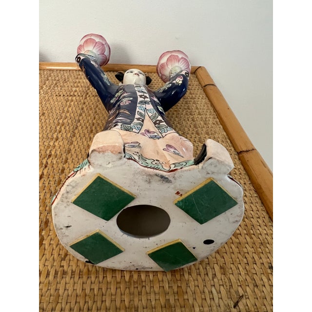 Chinese Export Famille Rose Figural Candlestick Lotus Candle Holder For Sale - Image 10 of 11