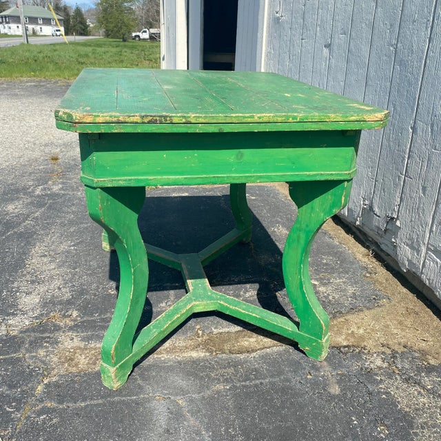 Wonderful kelly green painted rustic pine French farmhouse extension dining table with leaves that pull out easily from...
