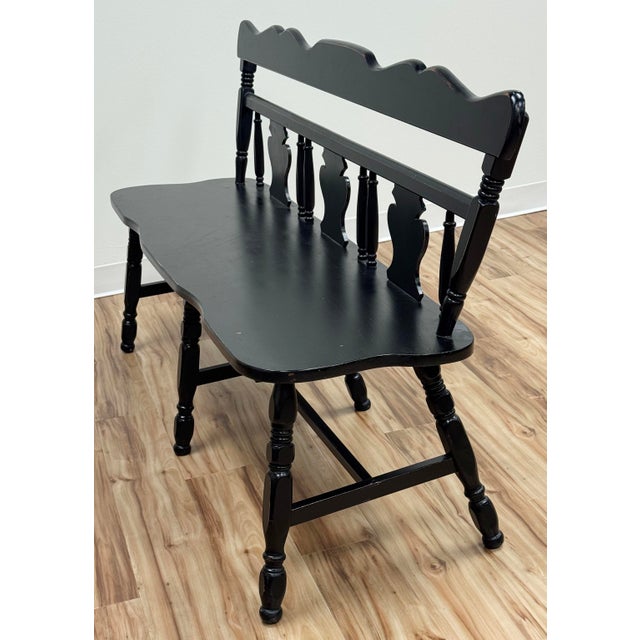 Vintage Early American Style Black Carved Wood Bench For Sale - Image 4 of 12