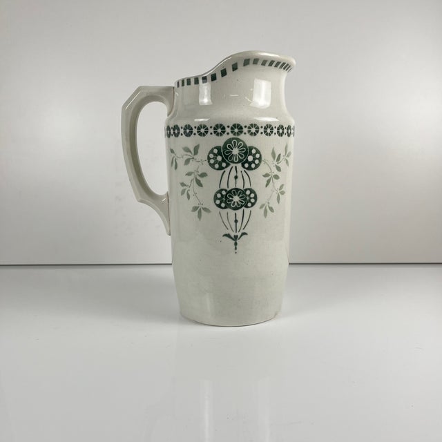 Antique Earthenware Pitcher with Green Floral Decoration, 1890s For Sale - Image 6 of 11