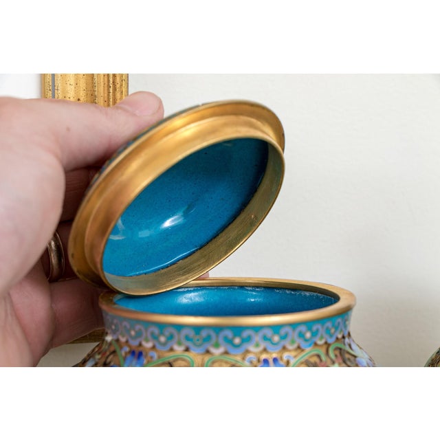 Antique Chinese Cloisonné and Gilded Bronze Covered Ginger Jars—A Pair For Sale - Image 4 of 7