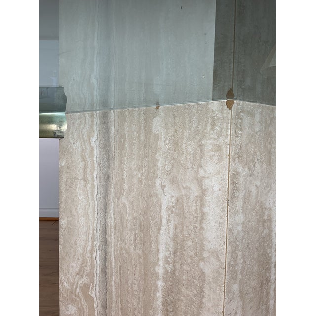 Stellar Vintage Italian Travertine Single Diamond Base Glass Dining Table For Sale - Image 9 of 11