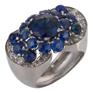 Mid 20th Century Retro Gia 5.00 Carat Sapphire Diamond Platinum Cocktail Ring, Size 6 For Sale