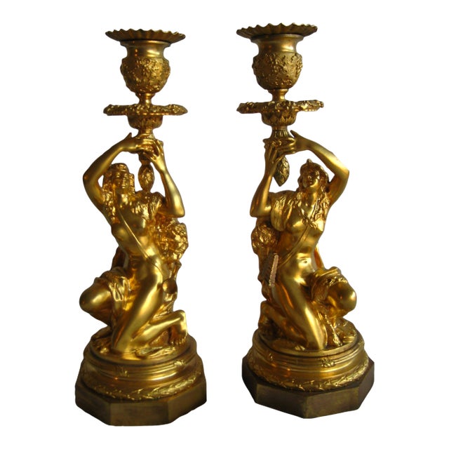 Mid 19th Century Pair of French Napoleon III Gilded Bronze Candlestick For Sale