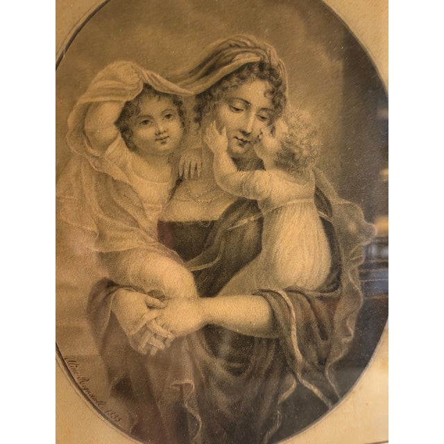 Early 19th Century Stunning 1833 Drawing of Mother & Children Signed "Aline Regnault" in Antique Gilt Frame For Sale - Image 5 of 12