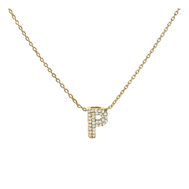 10K Yellow Gold Diamond Accent "P" Initial Bubble Pendant Necklace For Sale