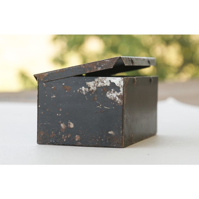 30s Vintage Industrial Metal Steel Tool Box With Rusty Patina and Chipping Black Paint For Sale - Image 9 of 17