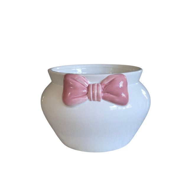 Grandmillenial White Ceramic Fishbowl Planter With Pink Bow For Sale - Image 4 of 14
