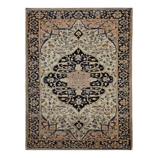 19th Century Persian Farahan Sarouk Rug, Hand-Knotted Wool, Floral Medallion Pattern, Ivory & Navy, 4x5 For Sale