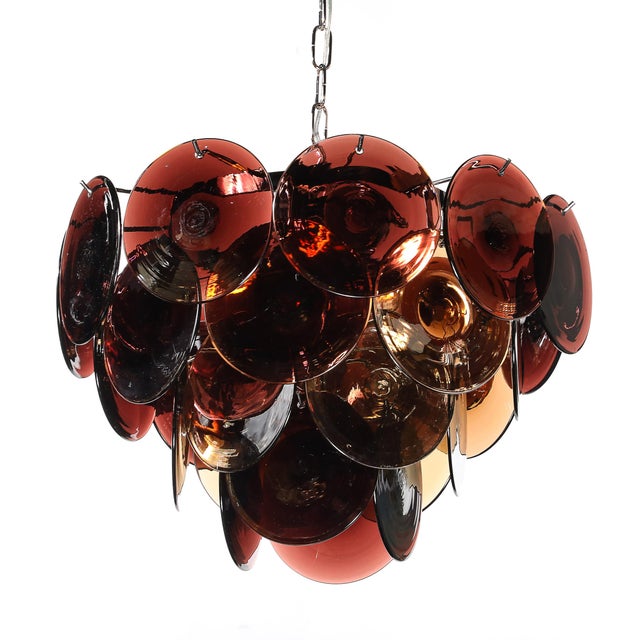 Metal Pair of Mid-Century Hand-Blown Murano Glass Disc Chandeliers in Smoked Tortoise For Sale - Image 7 of 10