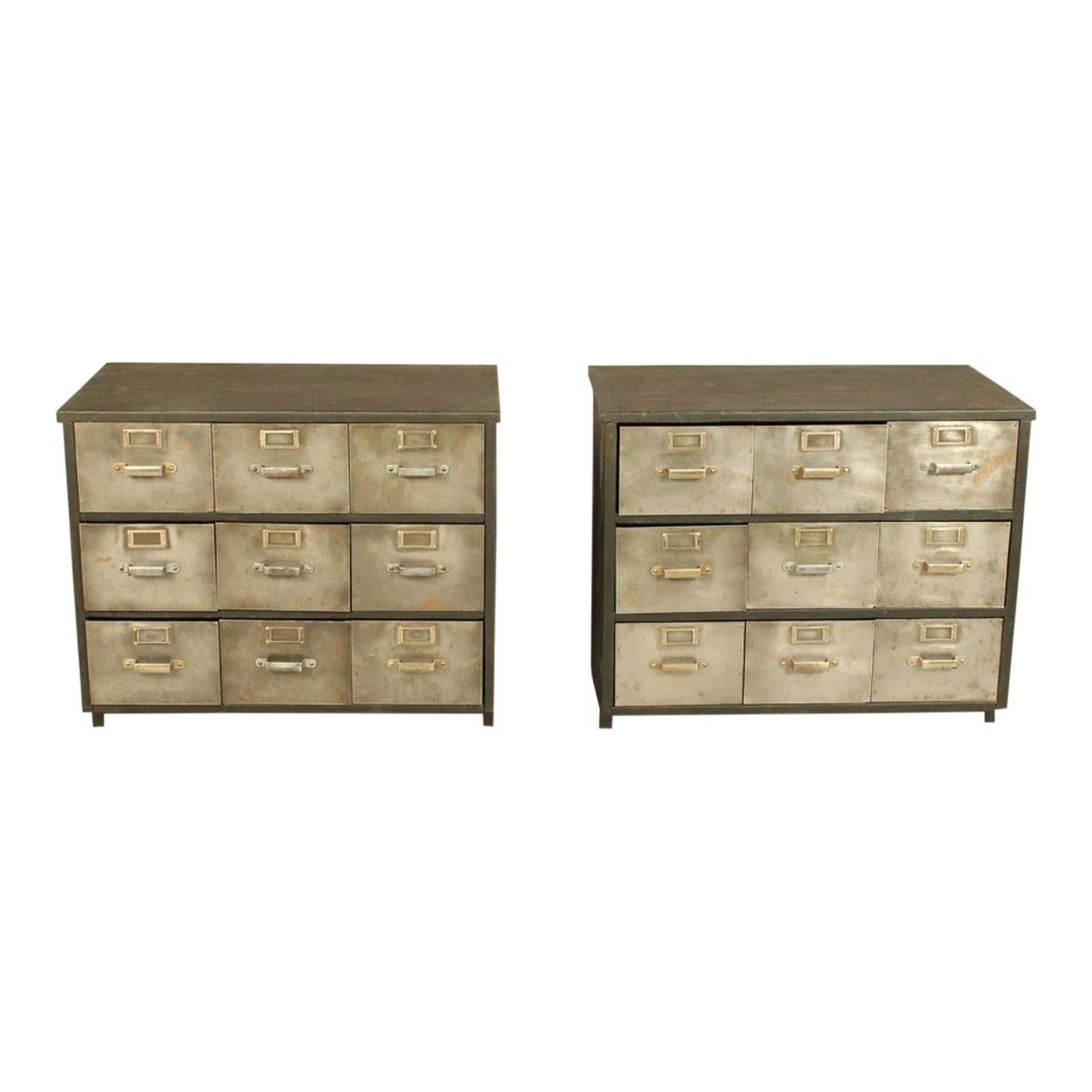 Industrial Metal And Wood Nine Drawer Filing Cabinets A Pair