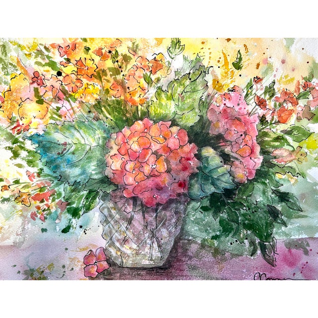 Original watercolor ink and wash Crystal Hydrangeas painting on archival 300LB Arches 100% cotton paper from France. Pink...