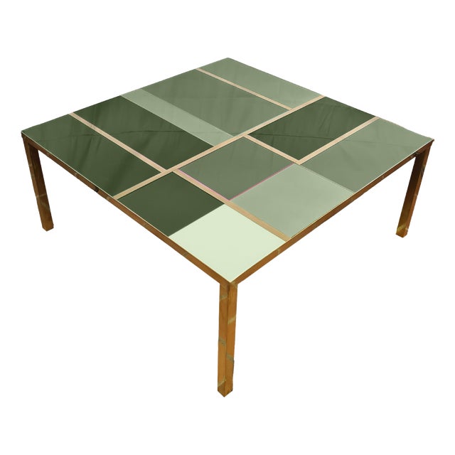 Square Coffee Table with Green Murano Glass and Brass Bands from Justfurnituress SRL For Sale