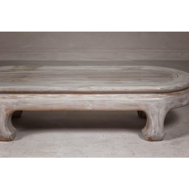 Teak Wood Vintage Whitewash Low Coffee table with Oval Top and Carved Legs For Sale - Image 10 of 12
