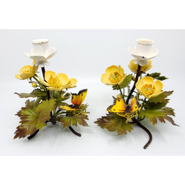 Candlesticks Tole Painted Metal Butterflies & Flowers 1960s Italy For Sale - Image 12 of 12