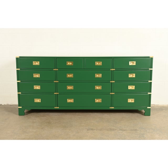1970s Drexel Heritage Mid-Century Hollywood Regency Campaign Green Lacquered Dresser | Newly Refinished For Sale - Image 5 of 13