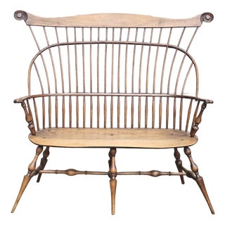Late 20th Century Windsor Chair Comb Back Bench W Arms, Tiger Maple, Oak & Maple Made in Ohio For Sale