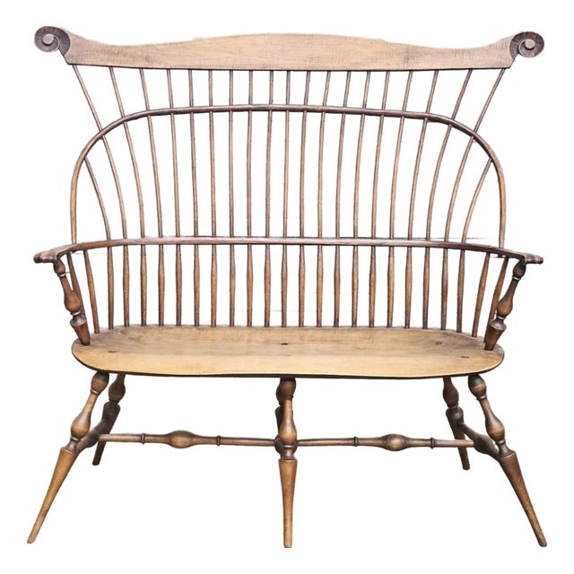 Late 20th Century Windsor Chair Comb Back Bench W Arms, Tiger Maple, Oak & Maple Made in Ohio For Sale