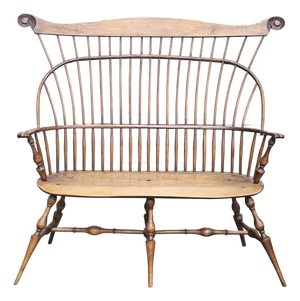 Late 20th Century Windsor Chair Comb Back Bench W Arms, Tiger Maple, Oak & Maple Made in Ohio