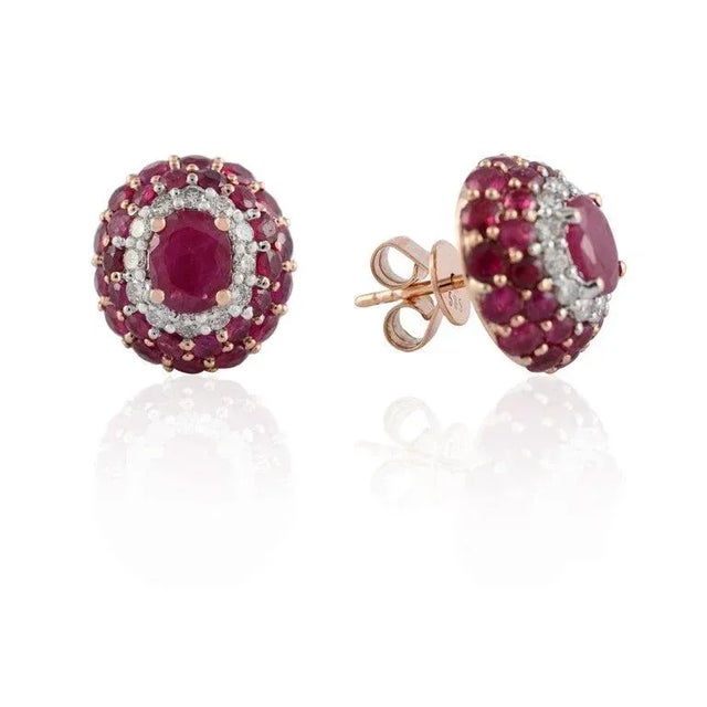 Art Deco 6.93ct Mozambique Ruby Cluster Oval 14k Rose Gold Stud Earrings- 2 Pieces For Sale - Image 3 of 7