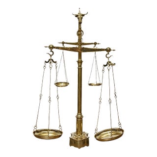 Large 19th Century English Brass Scale With Weights and Bull Finial For Sale