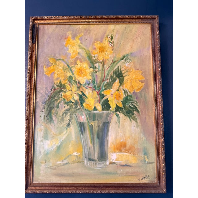 Impressionist Vintage Daffodil Oil Painting on Grumbacher Ny Canvas, Original Mid Century Floral in Gold Frame, Impressionist Flower Art. Signed Mahaffey For Sale - Image 3 of 15