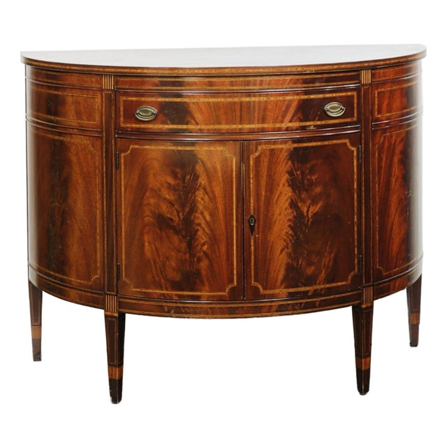 Late 20th Century Showstopping Flame Mahogany Demilune Cabinet – Bookmatched Veneer, Federal Revival For Sale