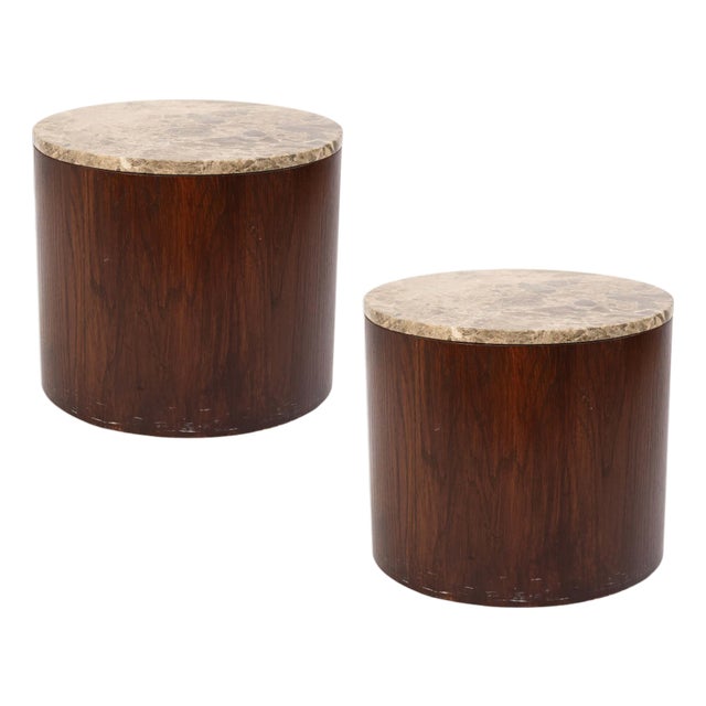 Pair of Gio Ponti Style Granite and Wood Barrel Shaped End Tables For Sale
