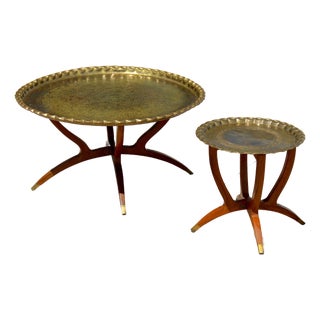 Vintage Moroccan Hand-Engraved Brass Tray Coffee & Side Table Set, 1960s For Sale