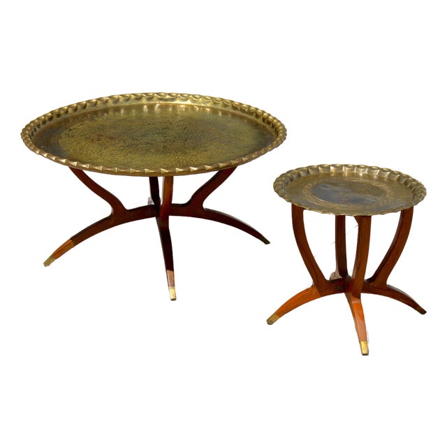 Vintage Moroccan Hand-Engraved Brass Tray Coffee & Side Table Set, 1960s For Sale