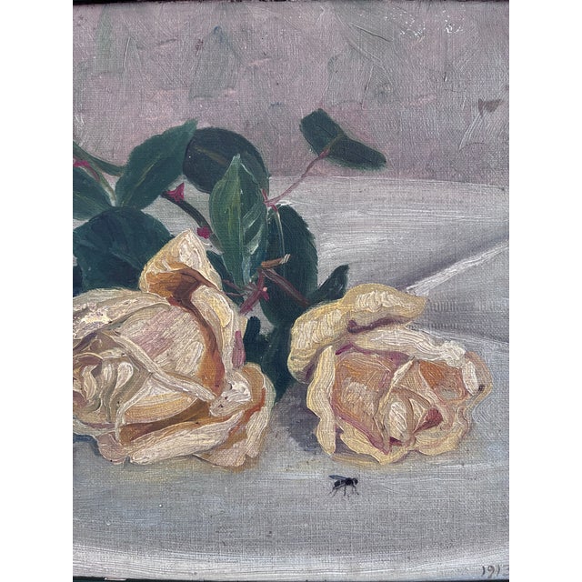 Antique Original Flower Oil Painting, Signed Yellow Roses Still Life Art For Sale - Image 4 of 16