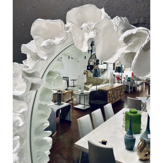 Contemporary Made Goods Organic Modern White and Silver Faux Shell Coco Wall Mirror For Sale - Image 3 of 5