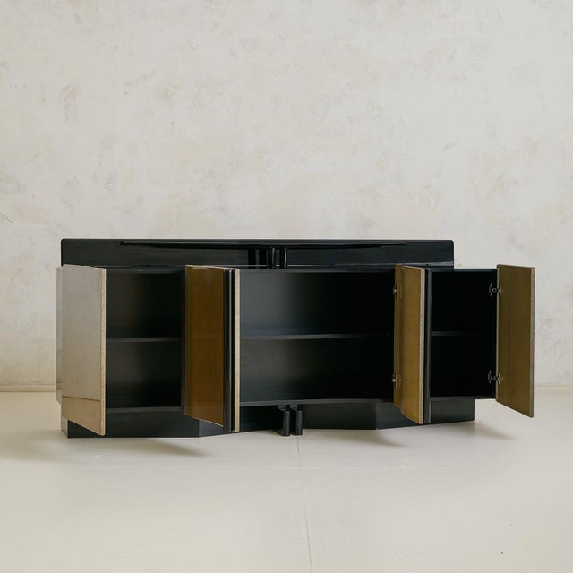 Postmodern Vintage Italian Postmodern Enfilade Credenza in Black Lacquer + Birdseye Maple For Sale - Image 3 of 10
