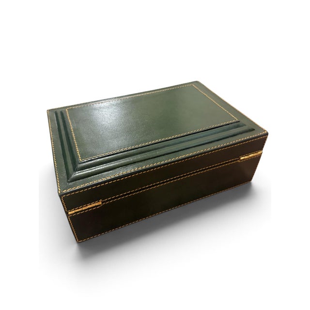English Classic Dark Green Leather Gentleman's Valet Box | Stitched Leather Keepsake & Desk Storage Case For Sale - Image 3 of 5