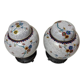 Pair High Quality Antique Handmade Chinese Enamel Bronze Cloisonné Ginger Jars For Sale